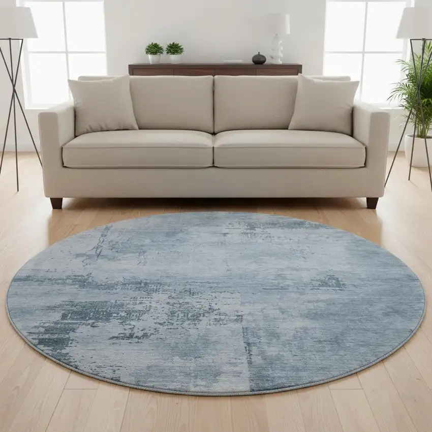 8' Denim Blue And Ivory Abstract Washable Round Rug With UV Protection Photo 2