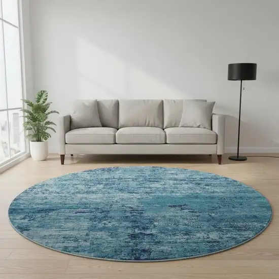 8' Denim Blue And Ivory Abstract Washable Round Rug With UV Protection Photo 2