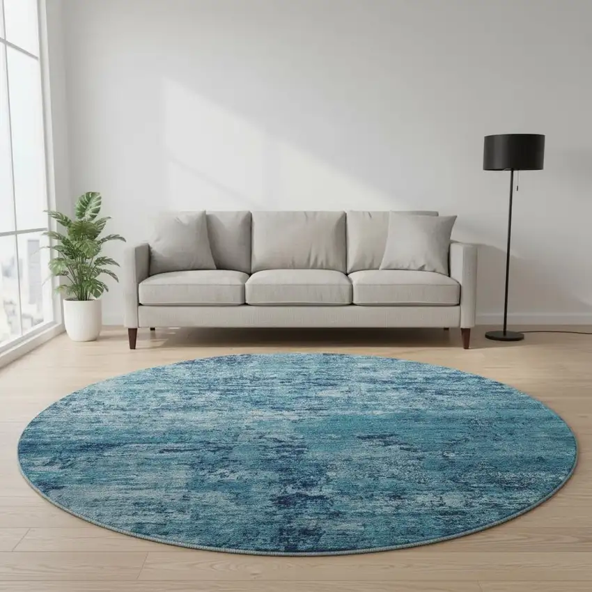 8' Denim Blue And Ivory Abstract Washable Round Rug With UV Protection Photo 2