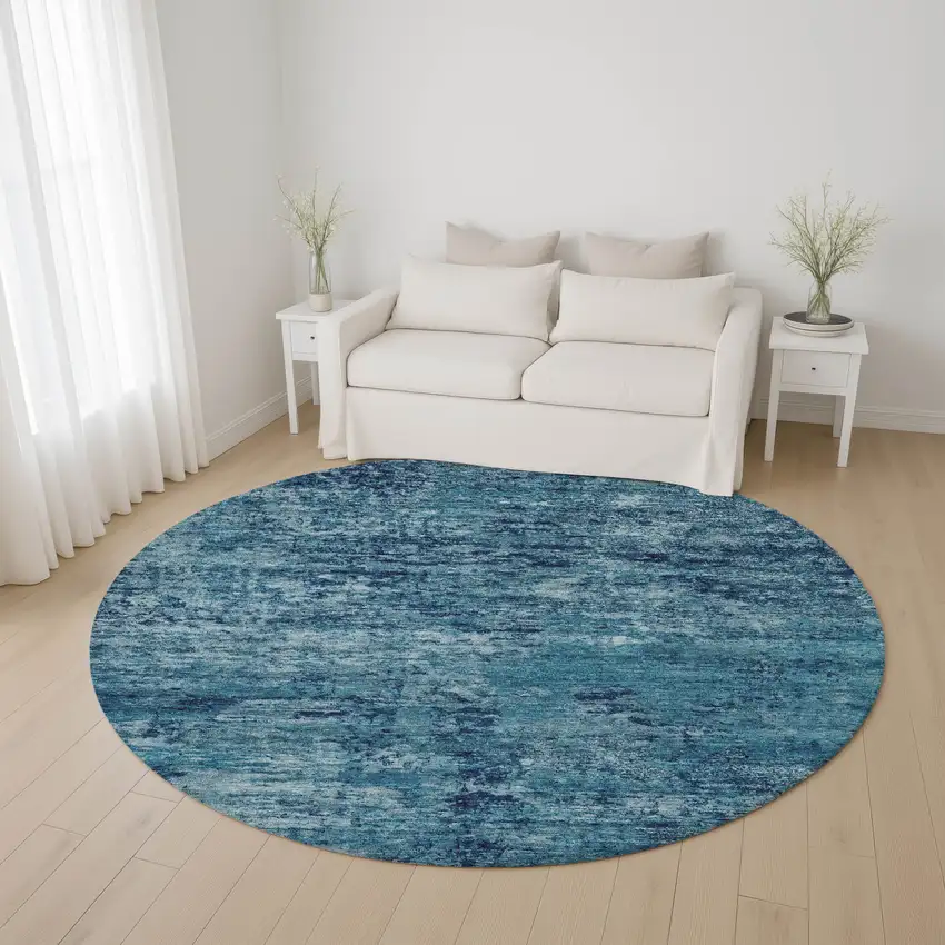 8' Denim Blue And Ivory Abstract Washable Round Rug With UV Protection Photo 4