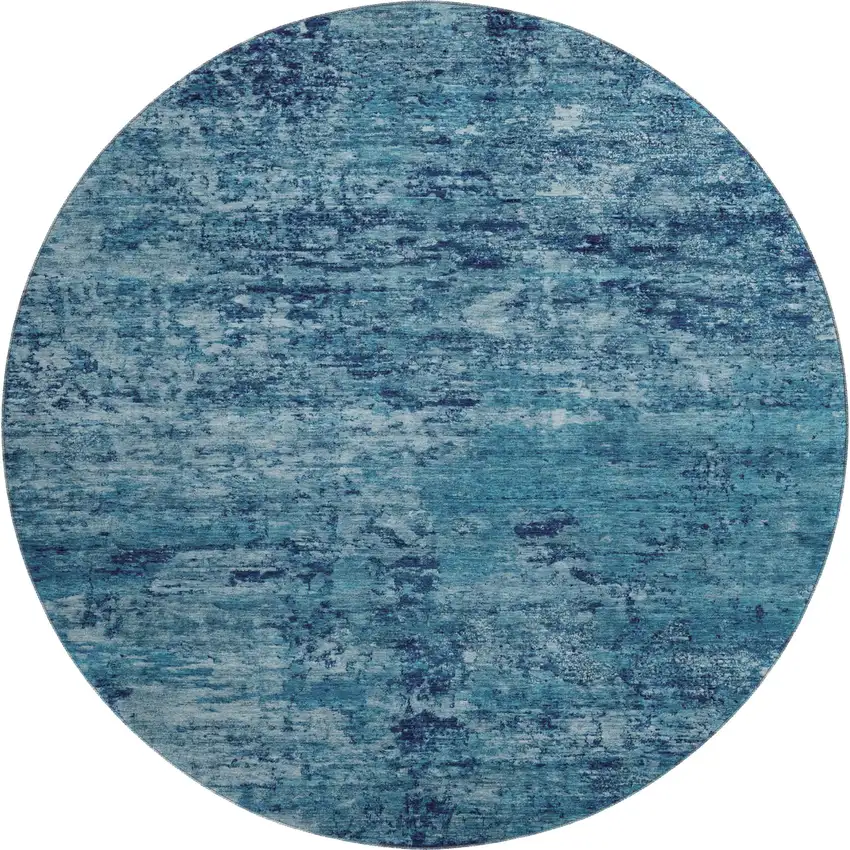8' Denim Blue And Ivory Abstract Washable Round Rug With UV Protection Photo 1