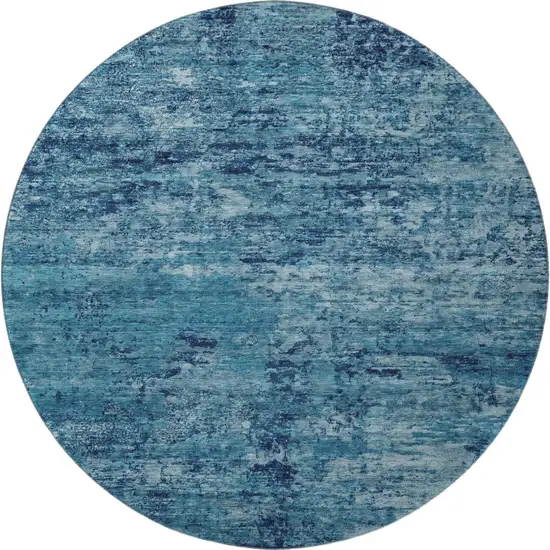 8' Denim Blue And Ivory Abstract Washable Round Rug With UV Protection Photo 4