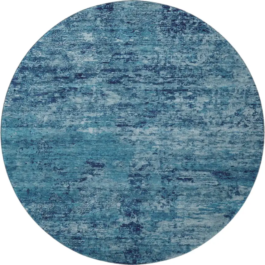 8' Denim Blue And Ivory Abstract Washable Round Rug With UV Protection Photo 4