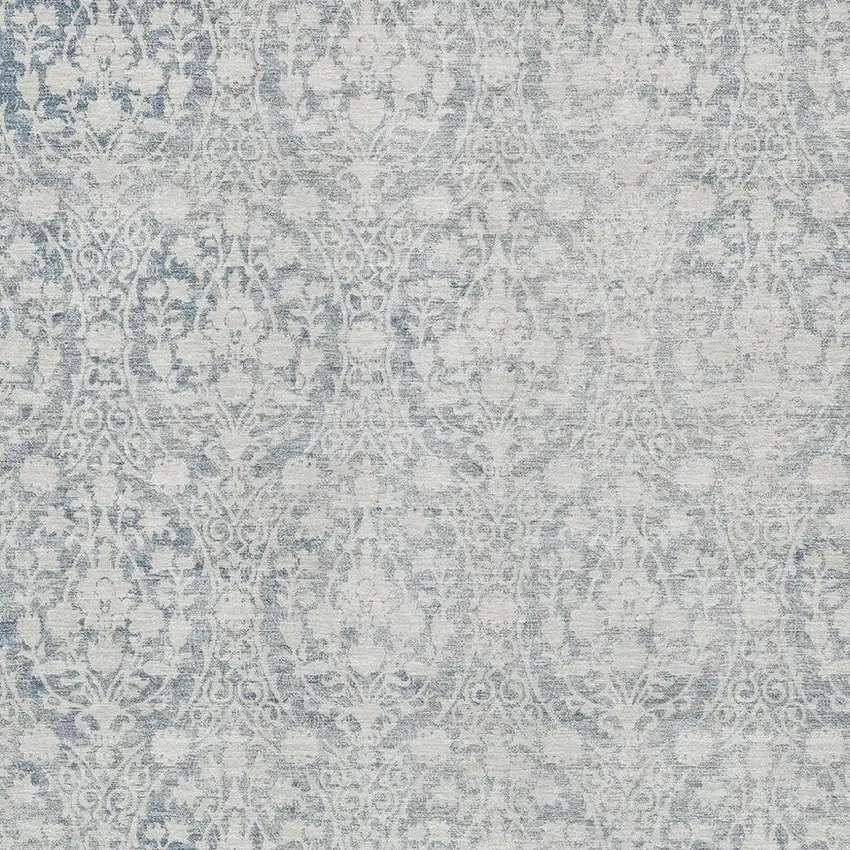 8' Denim Blue And Ivory Damask Washable Area Rug With UV Protection Photo 2