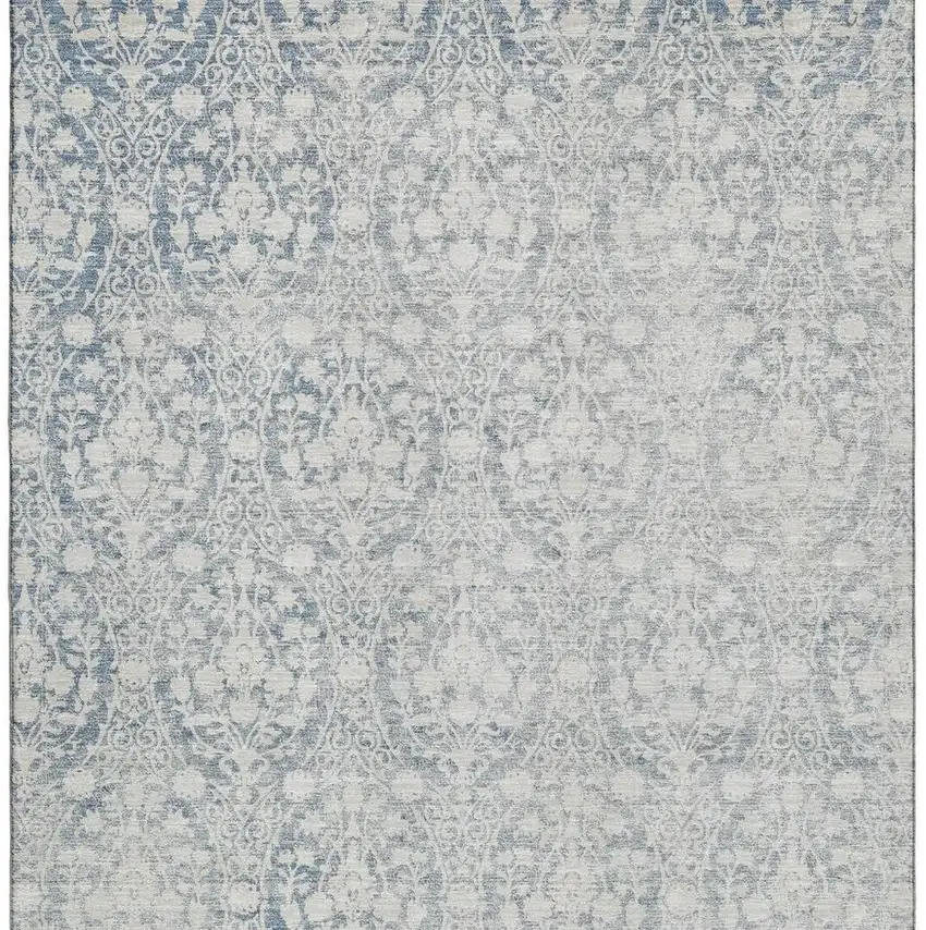 8' Denim Blue And Ivory Damask Washable Area Rug With UV Protection Photo 3