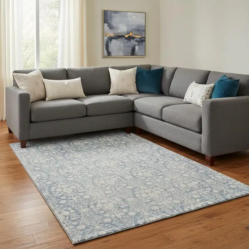 8' Denim Blue And Ivory Damask Washable Area Rug With UV Protection Photo 2