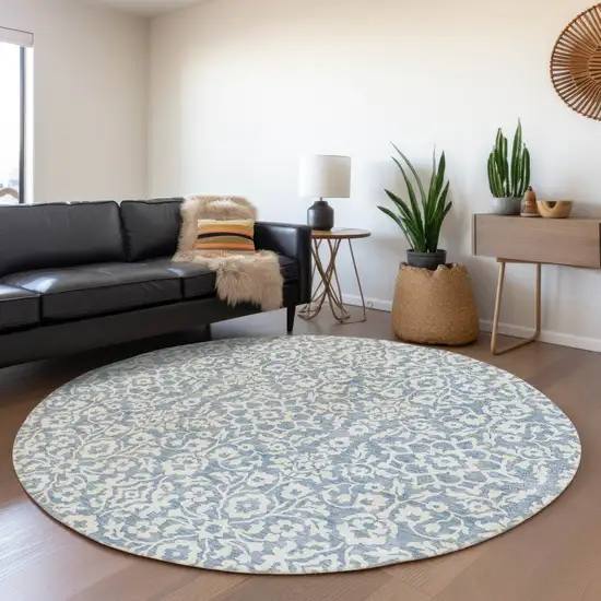 8' Denim Blue And Ivory Damask Washable Round Rug With UV Protection Photo 5