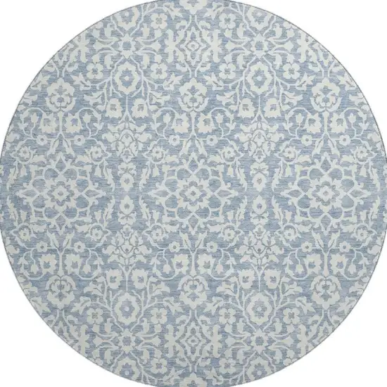 8' Denim Blue And Ivory Damask Washable Round Rug With UV Protection Photo 3