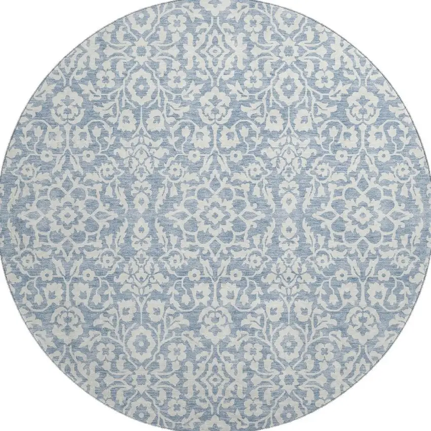 8' Denim Blue And Ivory Damask Washable Round Rug With UV Protection Photo 3