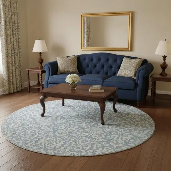 8' Denim Blue And Ivory Damask Washable Round Rug With UV Protection Photo 2