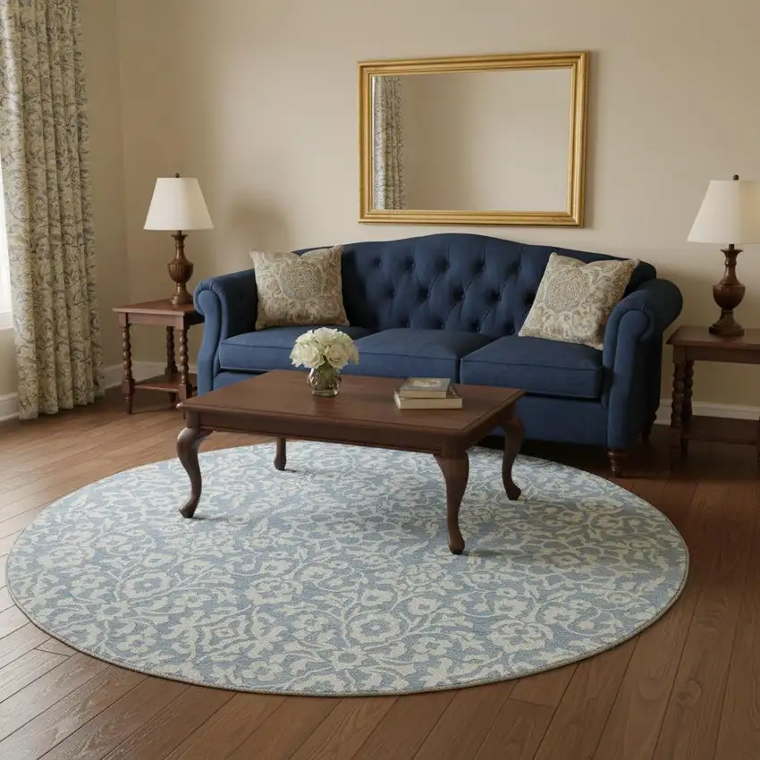 8' Denim Blue And Ivory Damask Washable Round Rug With UV Protection Photo 2