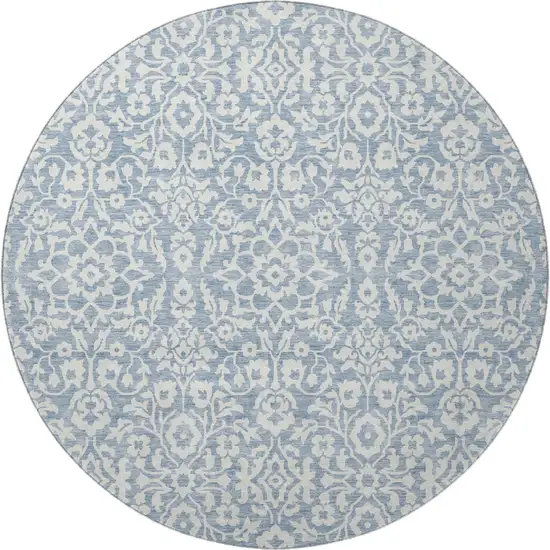 8' Denim Blue And Ivory Damask Washable Round Rug With UV Protection Photo 4