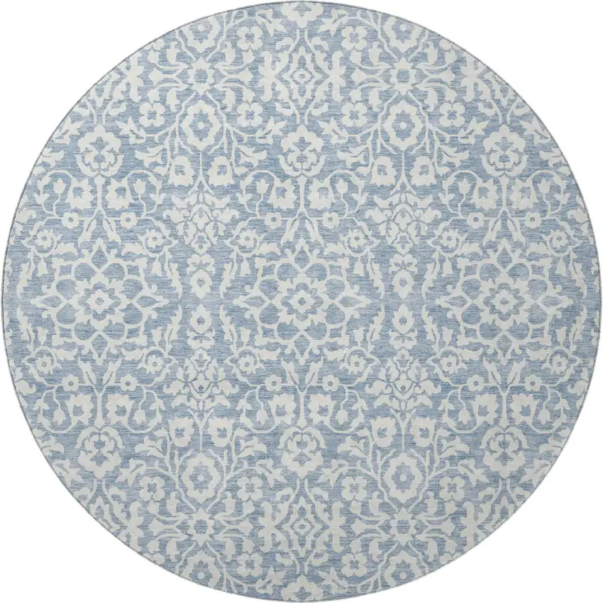 8' Denim Blue And Ivory Damask Washable Round Rug With UV Protection Photo 4