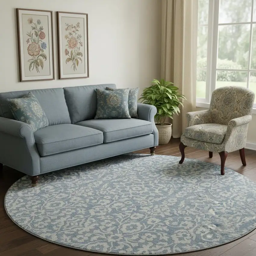 8' Denim Blue And Ivory Damask Washable Round Rug With UV Protection Photo 1