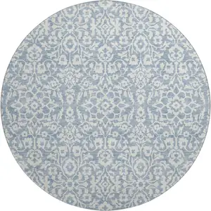 Photo of 8' Denim Blue And Ivory Damask Washable Round Rug With UV Protection