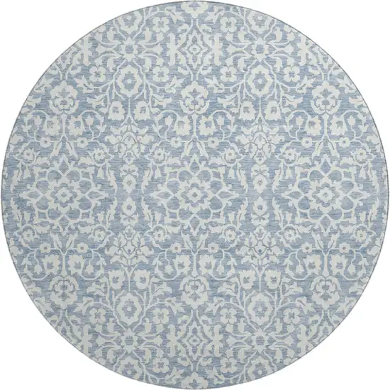 8' Denim Blue And Ivory Damask Washable Round Rug With UV Protection Photo 1