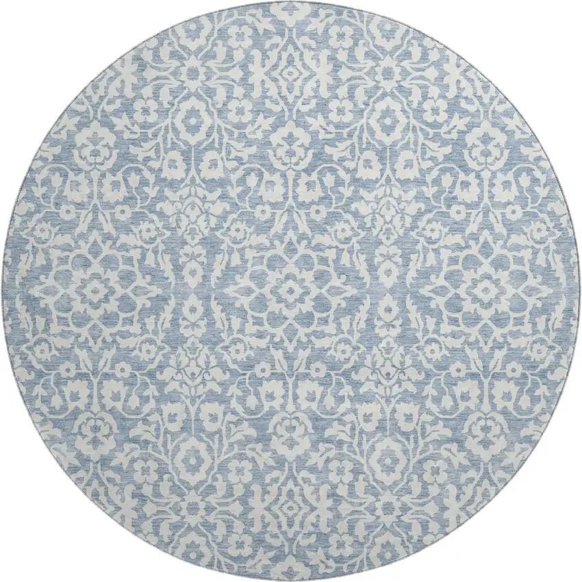 8' Denim Blue And Ivory Damask Washable Round Rug With UV Protection Photo 1