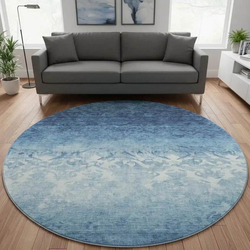 8' Denim Blue And Ivory Damask Washable Round Rug With UV Protection Photo 2