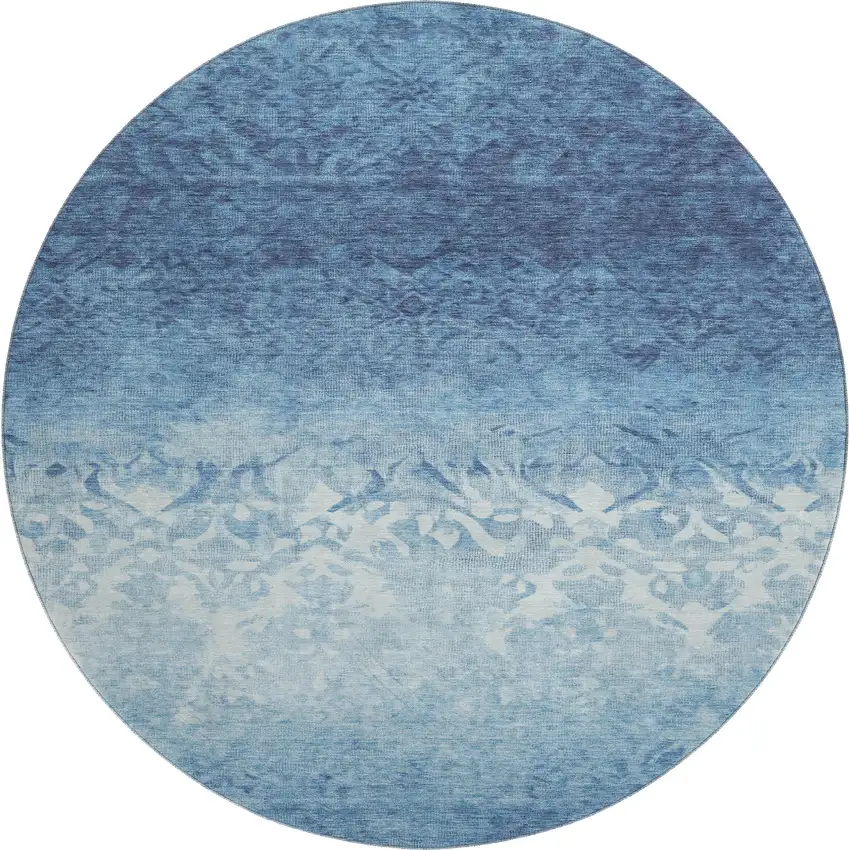 8' Denim Blue And Ivory Damask Washable Round Rug With UV Protection Photo 1