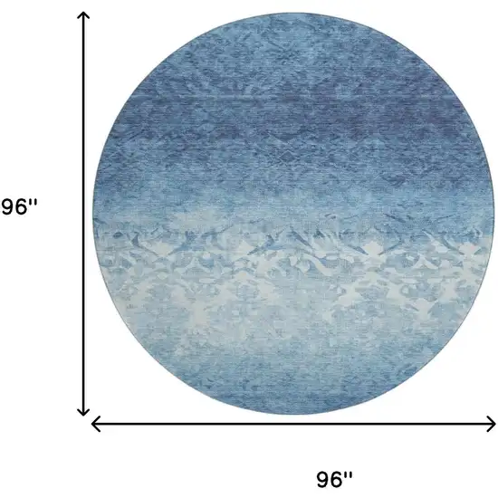 8' Denim Blue And Ivory Damask Washable Round Rug With UV Protection Photo 9