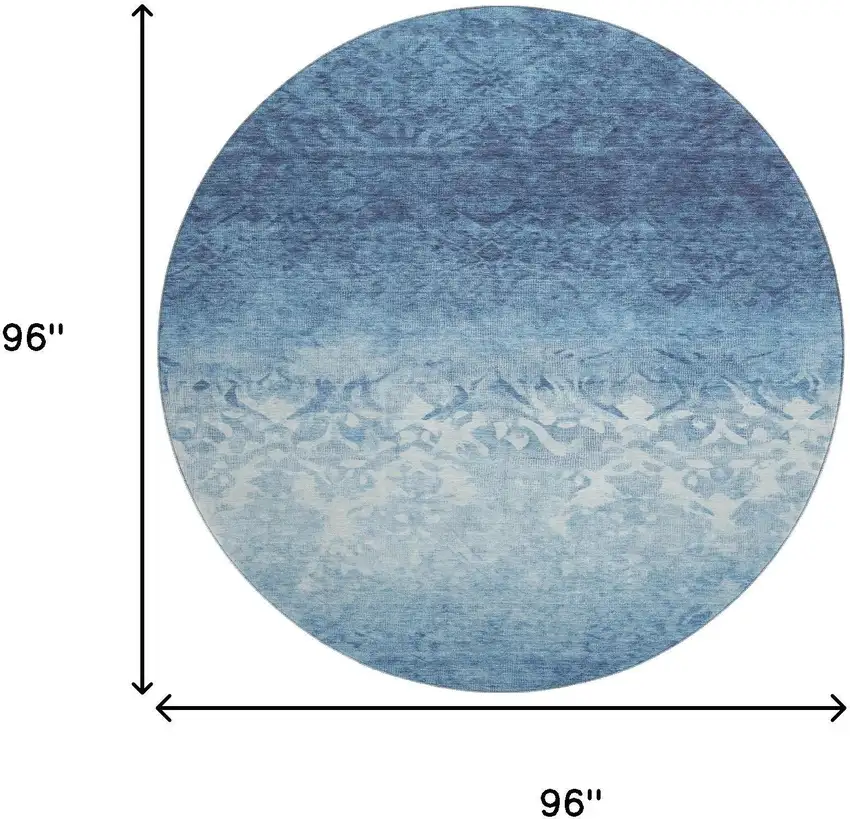 8' Denim Blue And Ivory Damask Washable Round Rug With UV Protection Photo 9