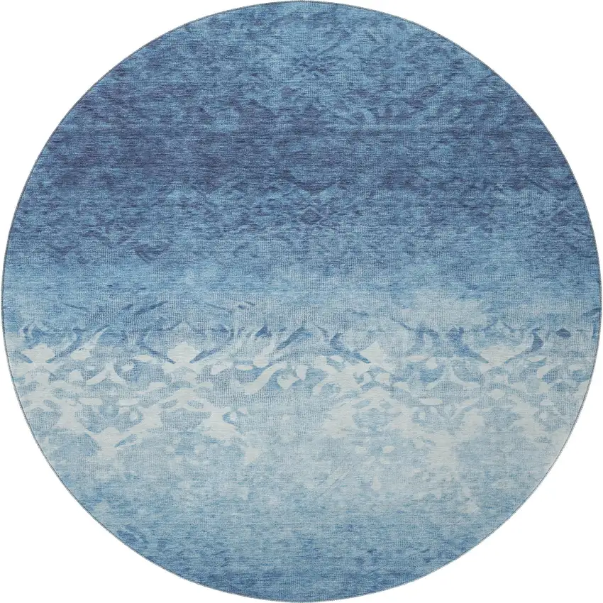 8' Denim Blue And Ivory Damask Washable Round Rug With UV Protection Photo 4