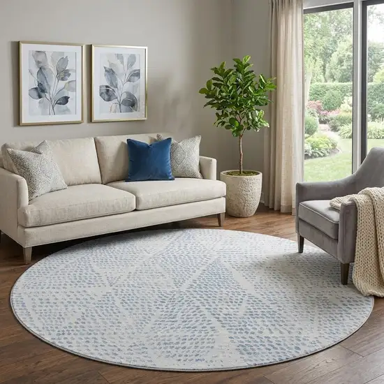 8' Denim Blue And Ivory Diamond Washable Round Rug With UV Protection Photo 1