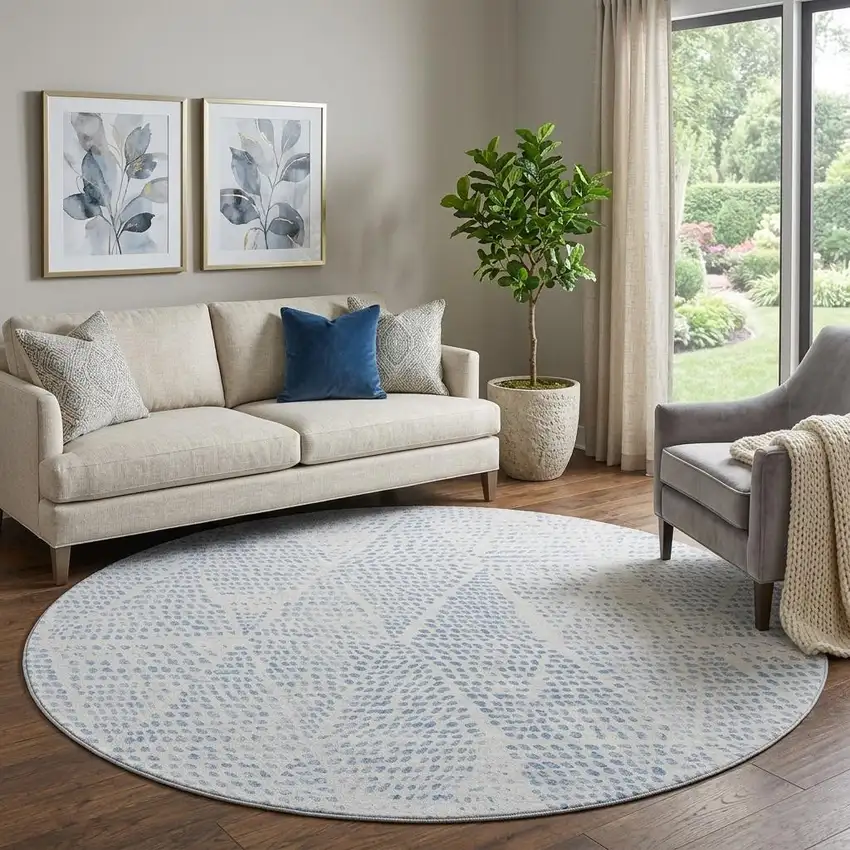 8' Denim Blue And Ivory Diamond Washable Round Rug With UV Protection Photo 1