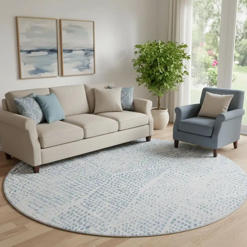 8' Denim Blue And Ivory Diamond Washable Round Rug With UV Protection Photo 1