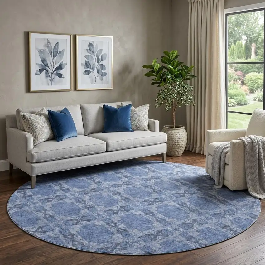 8' Denim Blue And Ivory Floral Medallion Washable Round Rug With UV Protection Photo 1