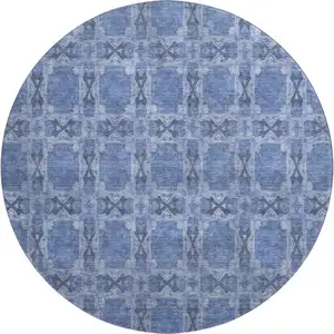 Photo of 8' Denim Blue And Ivory Floral Medallion Washable Round Rug With UV Protection