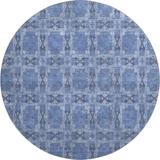 8' Denim Blue And Ivory Floral Medallion Washable Round Rug With UV Protection Photo 1