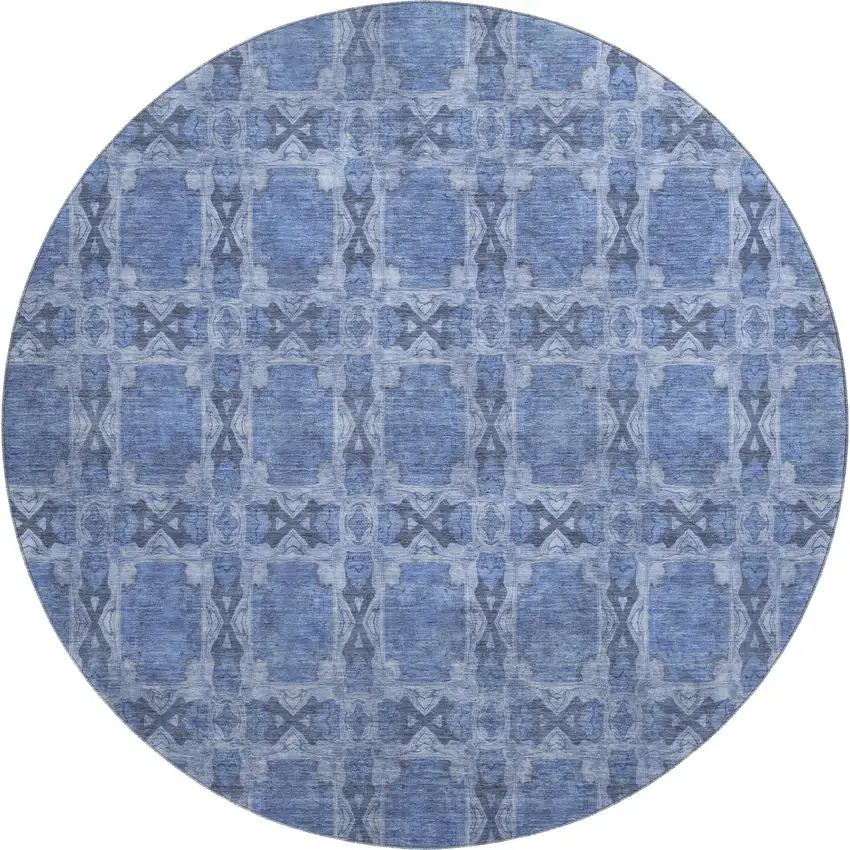 8' Denim Blue And Ivory Floral Medallion Washable Round Rug With UV Protection Photo 1