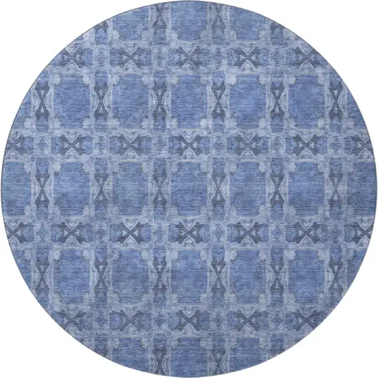 8' Denim Blue And Ivory Floral Medallion Washable Round Rug With UV Protection Photo 4