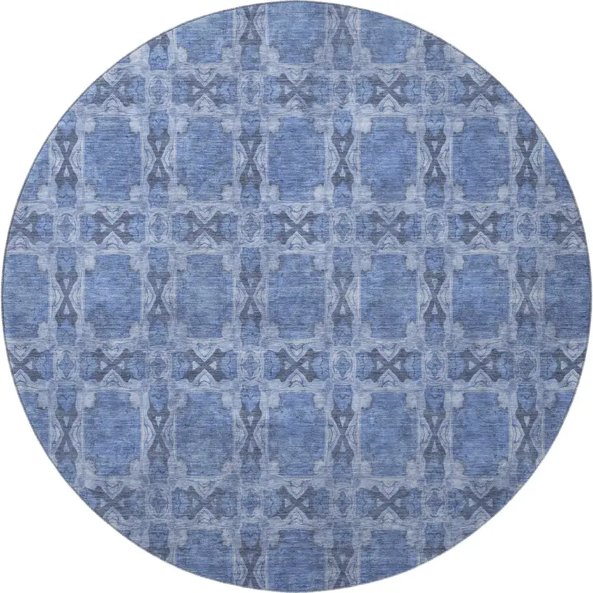 8' Denim Blue And Ivory Floral Medallion Washable Round Rug With UV Protection Photo 4