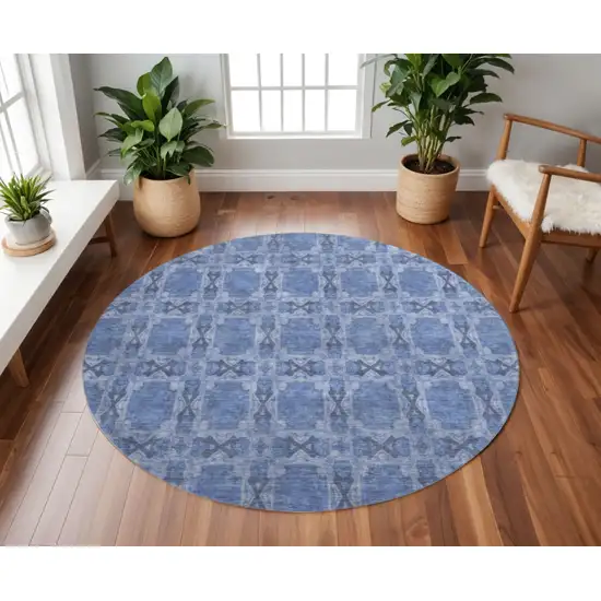 8' Denim Blue And Ivory Floral Medallion Washable Round Rug With UV Protection Photo 2