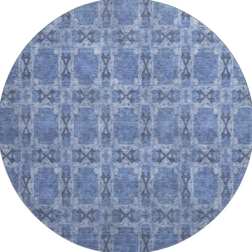 8' Denim Blue And Ivory Floral Medallion Washable Round Rug With UV Protection Photo 3