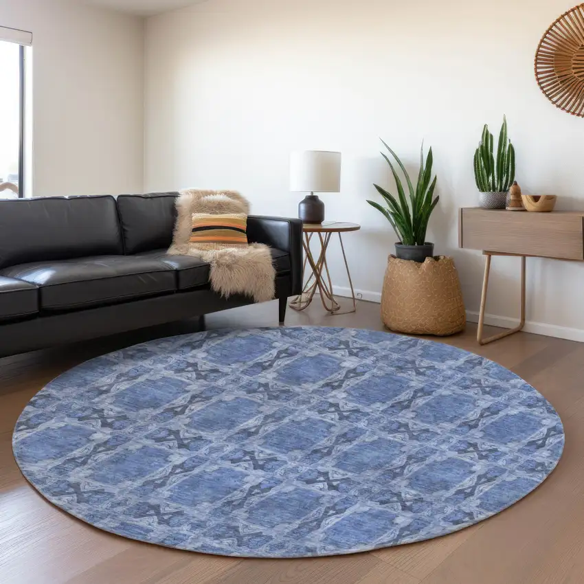 8' Denim Blue And Ivory Floral Medallion Washable Round Rug With UV Protection Photo 5