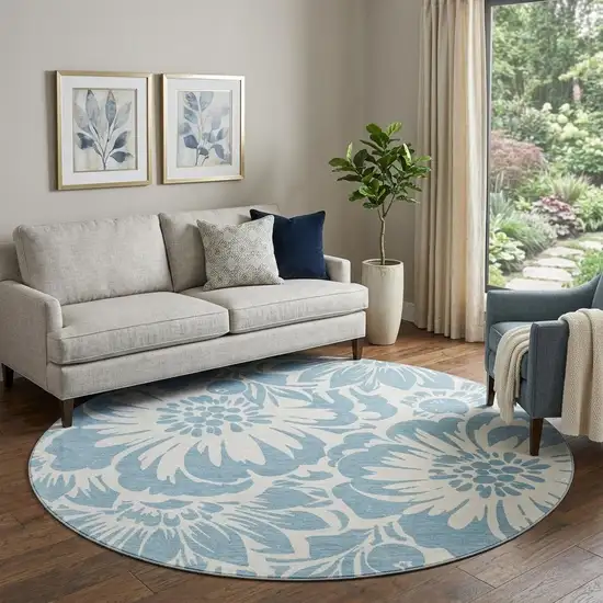 8' Denim Blue And Ivory Floral Washable Round Rug With UV Protection Photo 1