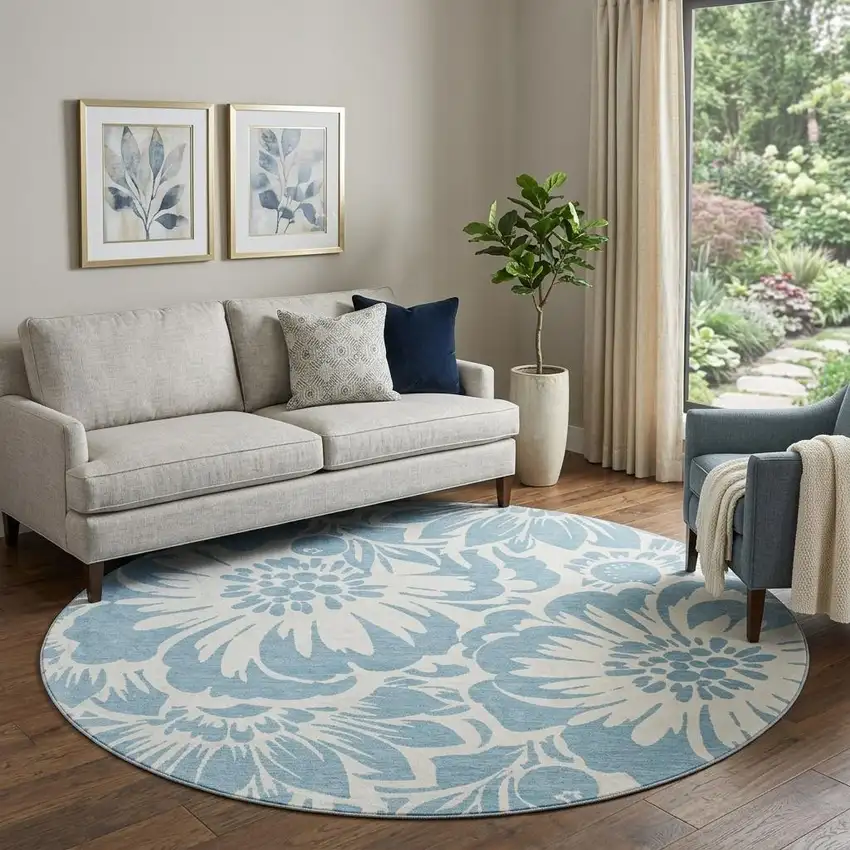 8' Denim Blue And Ivory Floral Washable Round Rug With UV Protection Photo 1