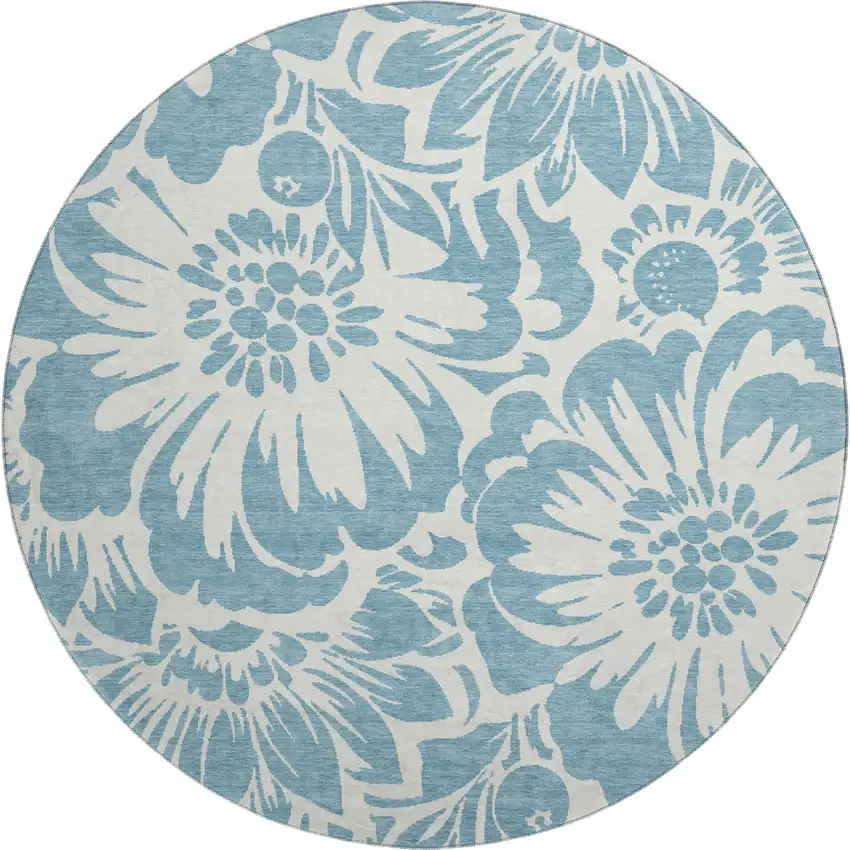 8' Denim Blue And Ivory Floral Washable Round Rug With UV Protection Photo 1