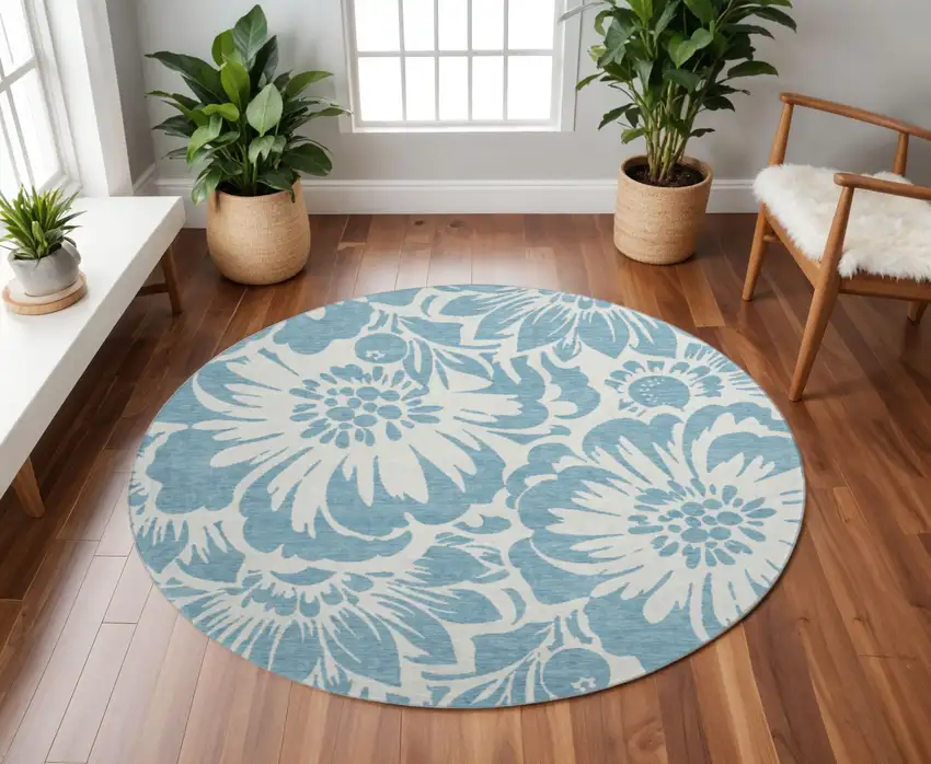 8' Denim Blue And Ivory Floral Washable Round Rug With UV Protection Photo 2