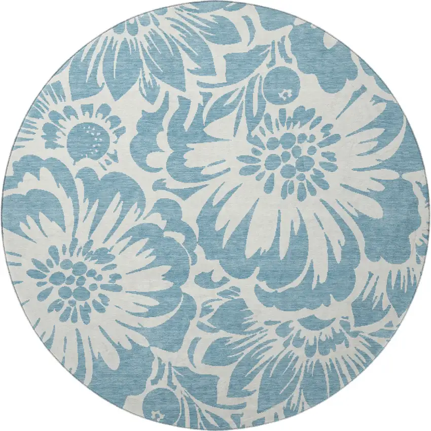 8' Denim Blue And Ivory Floral Washable Round Rug With UV Protection Photo 4