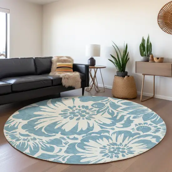 8' Denim Blue And Ivory Floral Washable Round Rug With UV Protection Photo 5