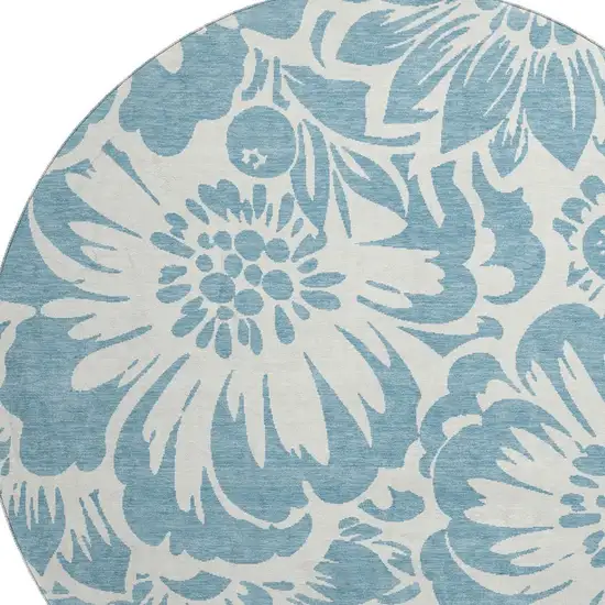 8' Denim Blue And Ivory Floral Washable Round Rug With UV Protection Photo 3
