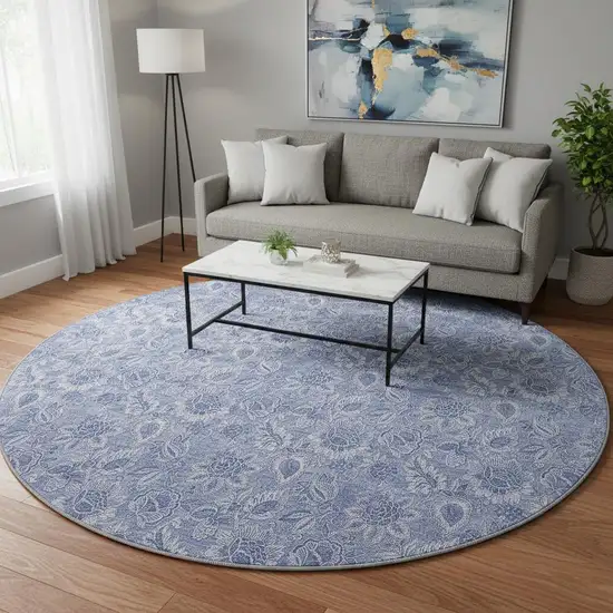 8' Denim Blue And Ivory Floral Washable Round Rug With UV Protection Photo 2