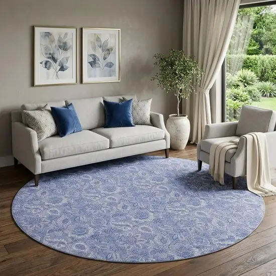 8' Denim Blue And Ivory Floral Washable Round Rug With UV Protection Photo 1