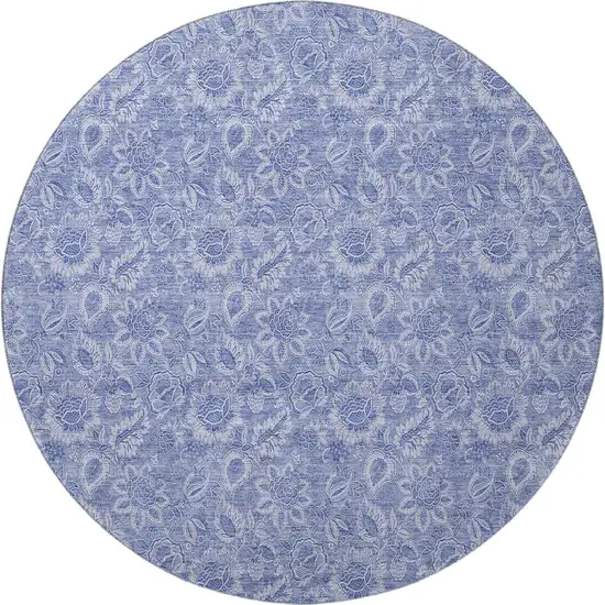 8' Denim Blue And Ivory Floral Washable Round Rug With UV Protection Photo 4