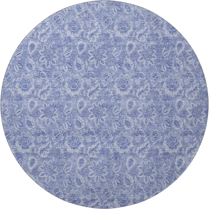8' Denim Blue And Ivory Floral Washable Round Rug With UV Protection Photo 4