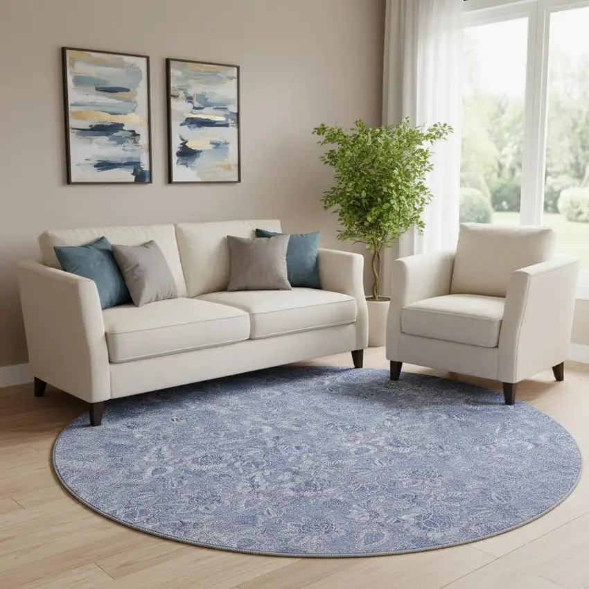 8' Denim Blue And Ivory Floral Washable Round Rug With UV Protection Photo 1